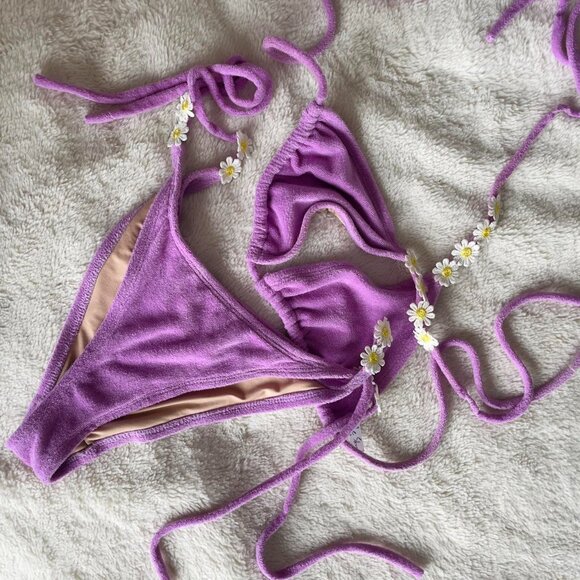 Lucy in the Sky | Lilac lavender terry bikini set daisy flower details | Size L - Picture 2 of 4